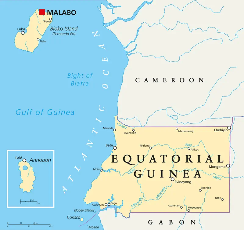 Landkarte von Äquatorialguinea  - Städte, Flüsse und Inseln