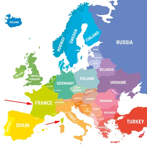 Landkarte von Europa - Frankreich mit Korsika