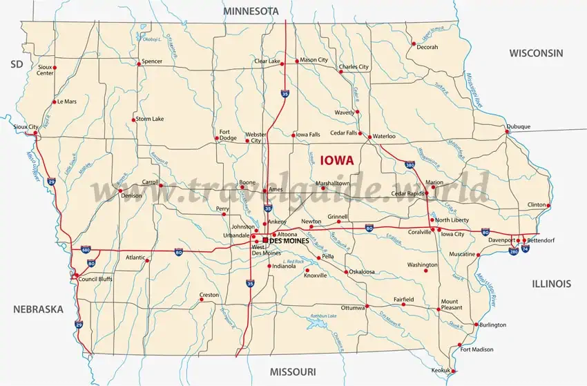 Landkarte von Iowa - Städte, Flüsse, Seen und Highways