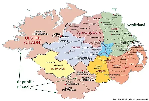 Landkarte Provinz Ulster in Irland und Nordirland