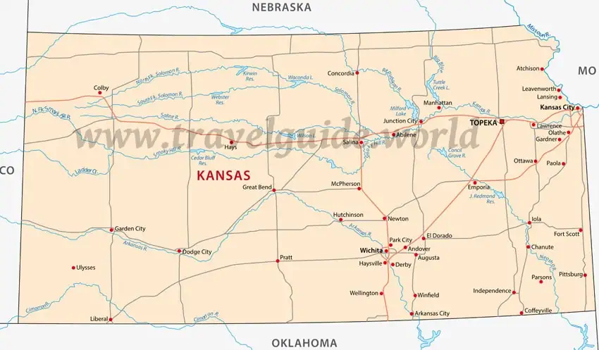 Landkarte von Kansas - Städte, Flüsse, Seen und Highways