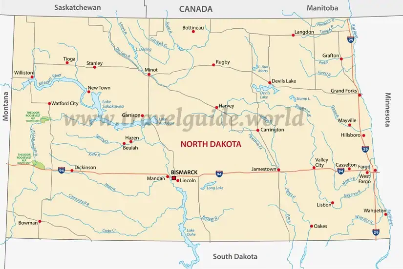 Landkarte von North Dakota - Städte, Flüsse, Seen und Highways