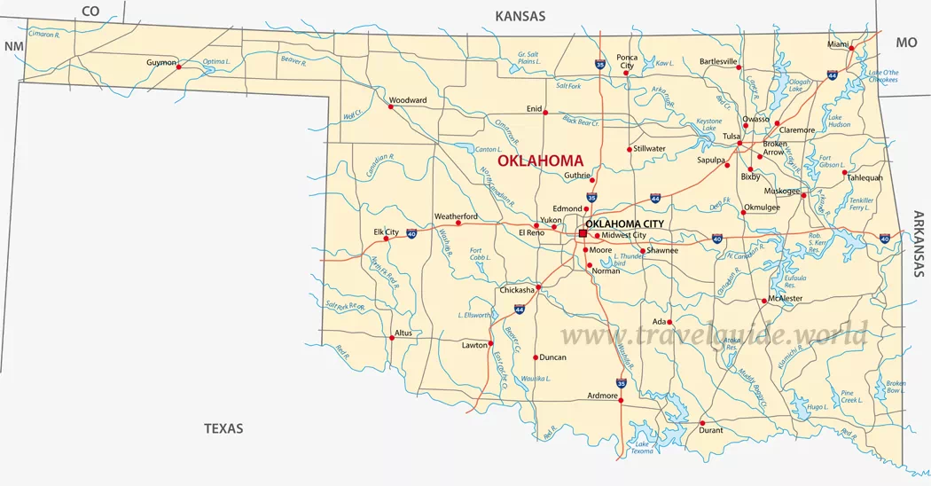 Landkarte von Oklahoma - Städte, Flüsse, Seen und Highways