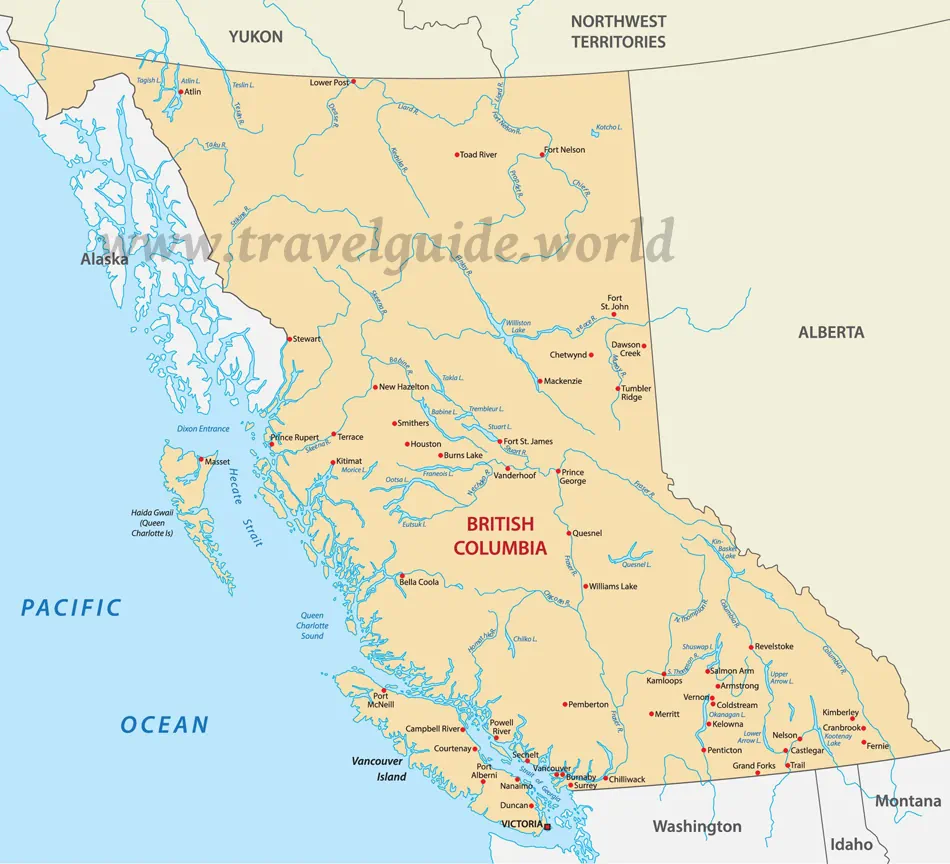 Landkarte der Provinz British Columbia - Städte, Flüsse, Seen und Highways