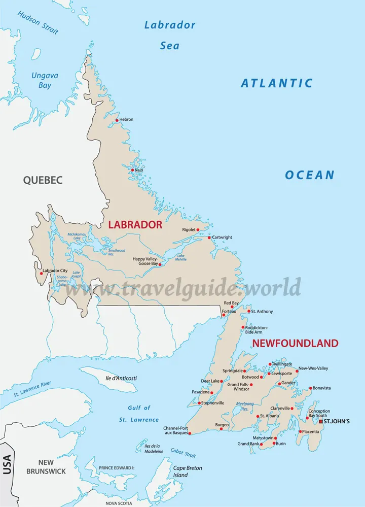 Landkarte der Provinz Neufundland und Labrador - Städte, Flüsse, Seen und Nationalparks