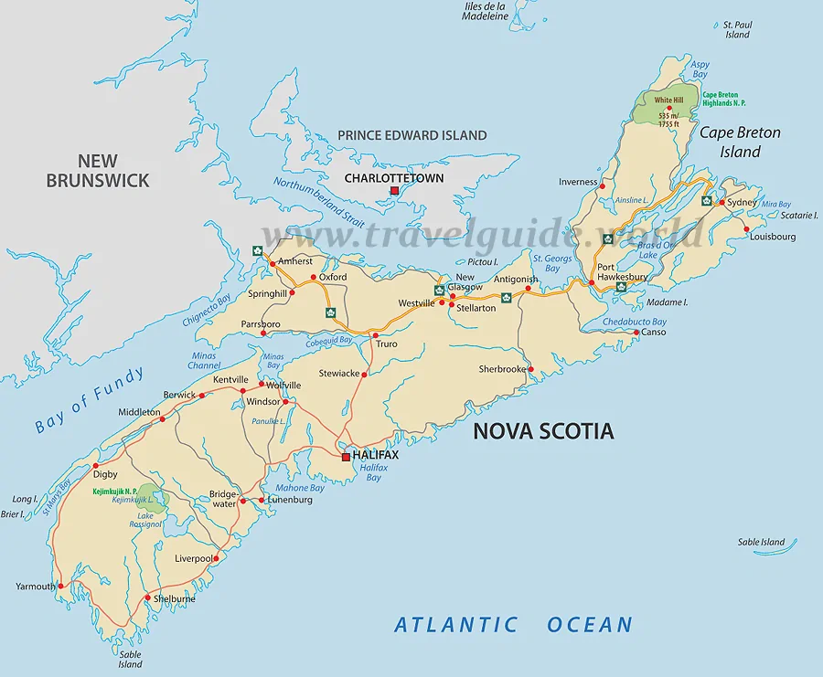 Landkarte der Provinz Nova Scotia - Städte, Flüsse, Seen und Nationalparks