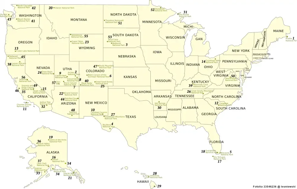 Landkarte von US-Amerika mit Ländergrenzen und Nationalparks