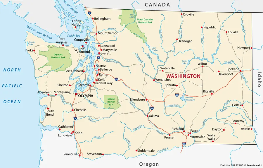 Landkarte - State of Washington - Städte, Flüsse, Seen und Highways