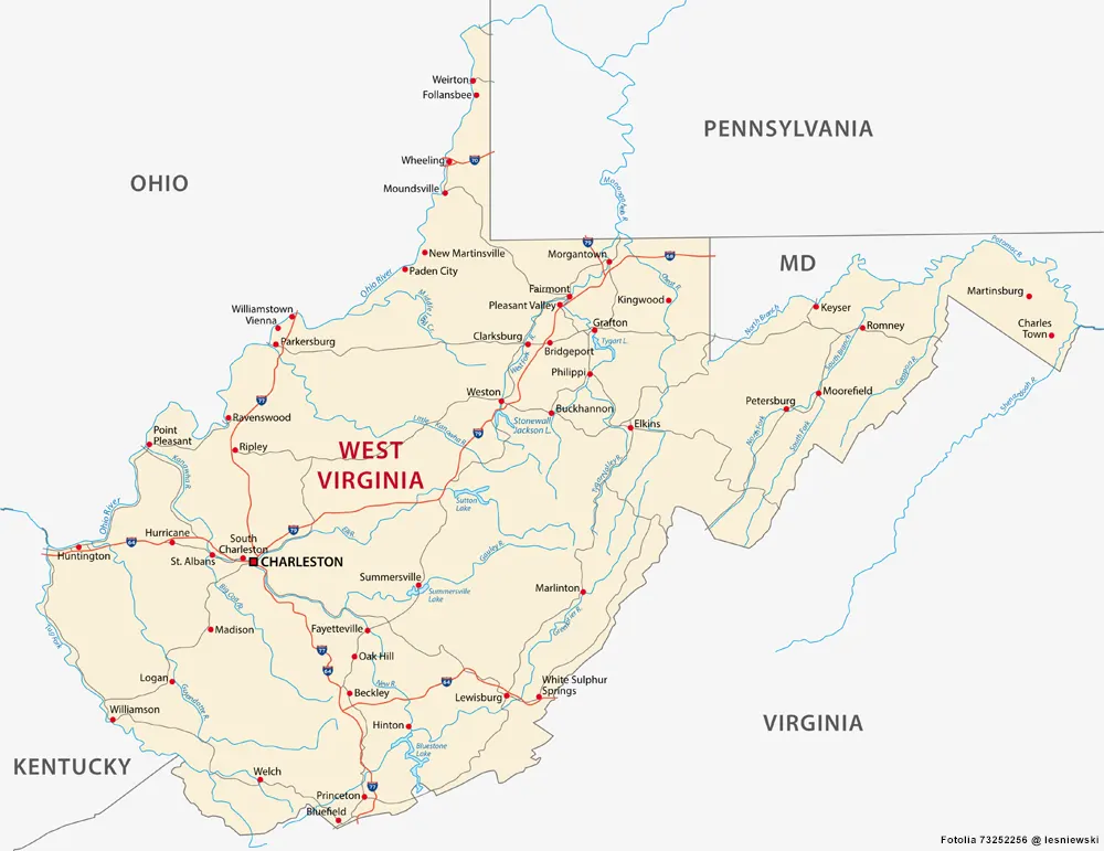 Landkarte von West Virginia - Städte und Flüsse